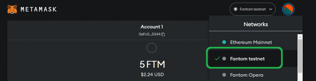 MetaMask UI showing Fantom Testnet