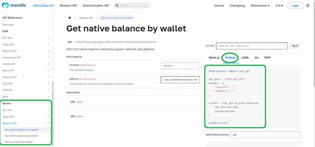 Solana Python API documentation pages showing information and code parameters for the get native balance by wallet endpoint
