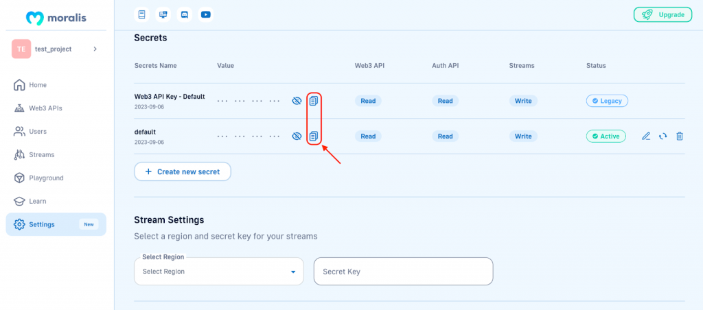 Showing how to copy the API key and paste into code to get user NFT tokens list