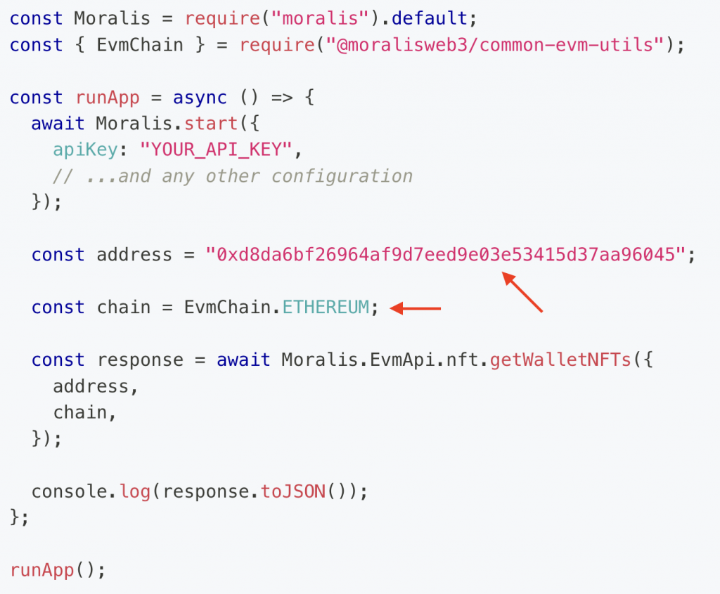 Showing how to modify address and chain parameters to get NFT tokens from a user