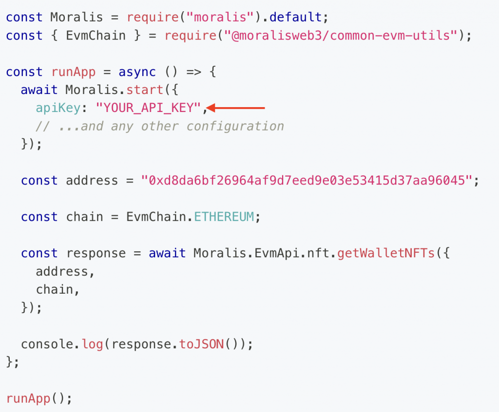 Showing where to paste the API key for NFT tokens list