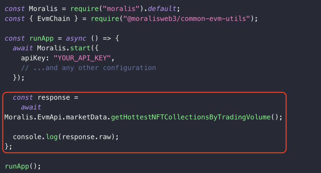 Code editor showing how to call the getHottestNFTCollectionsByTradingVolume() endpoint and log the response-