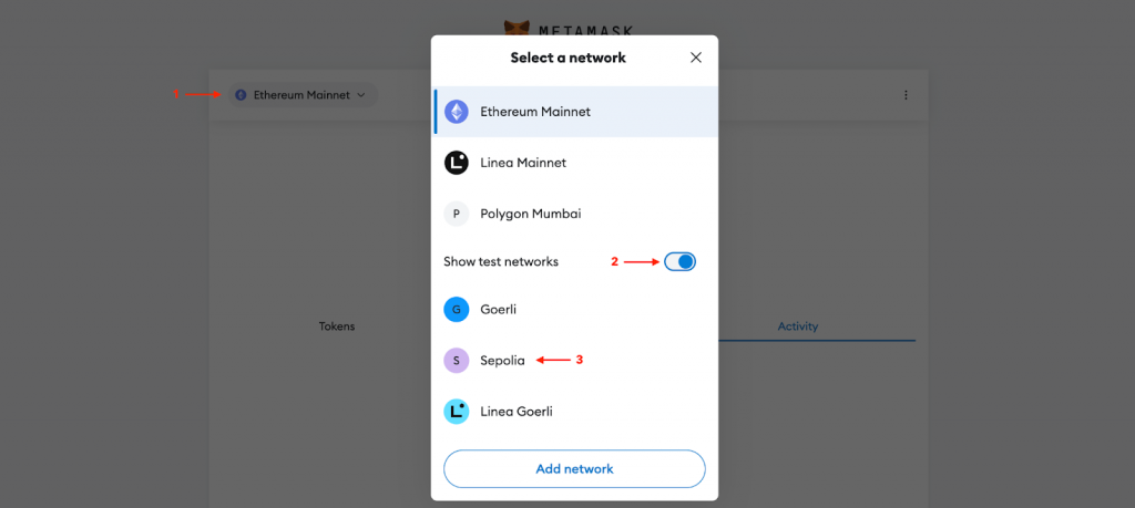 Art illustration showing three steps on how to add Sepolia Network in MetaMask