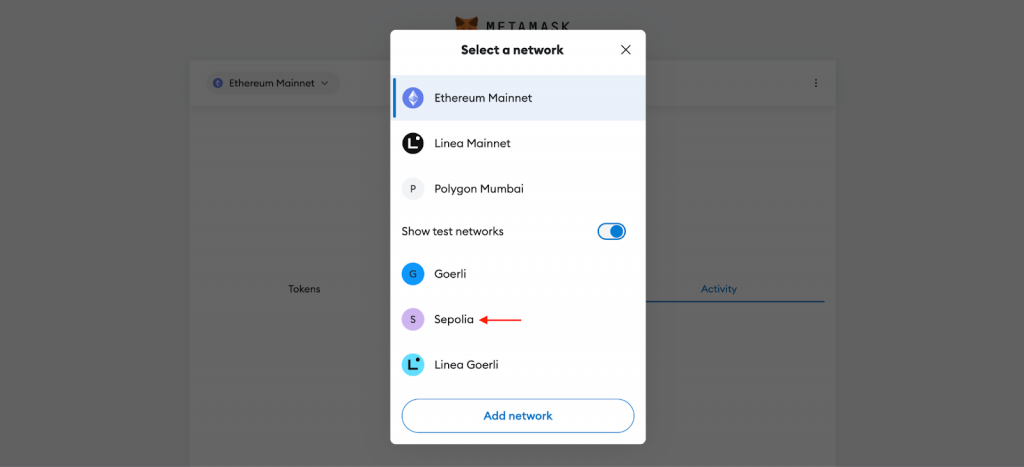 Selecting the Sepolia Network in MetaMask