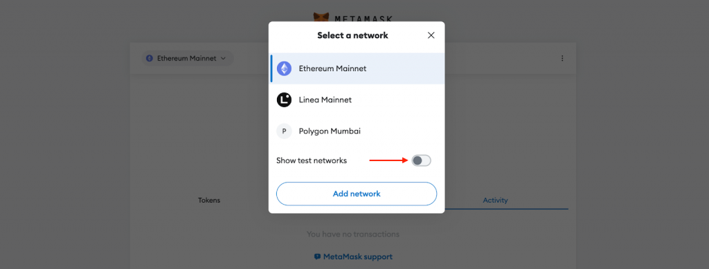 Showing Testnet Networks in MetaMask