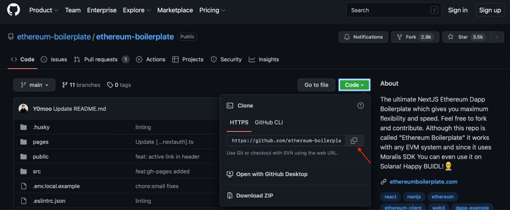 Arrow pointing at copy button on GitHub.