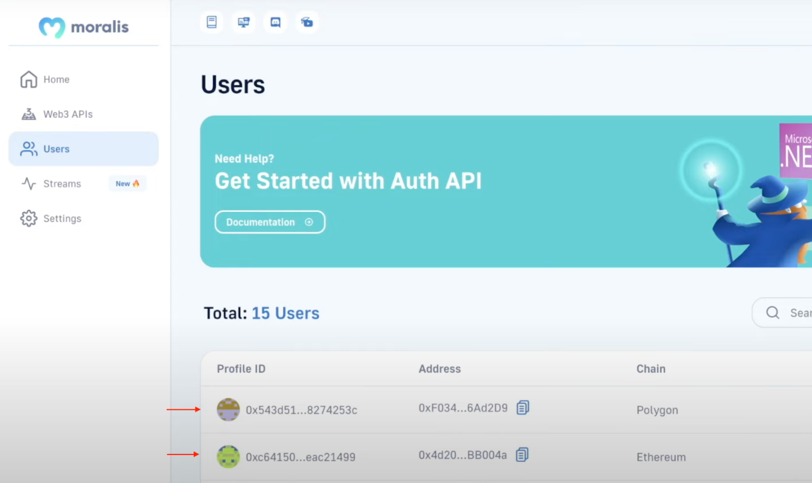 User profile ID Moralis admin page.