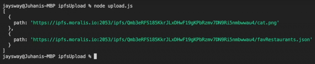 Terminal response with tow IPFS paths.