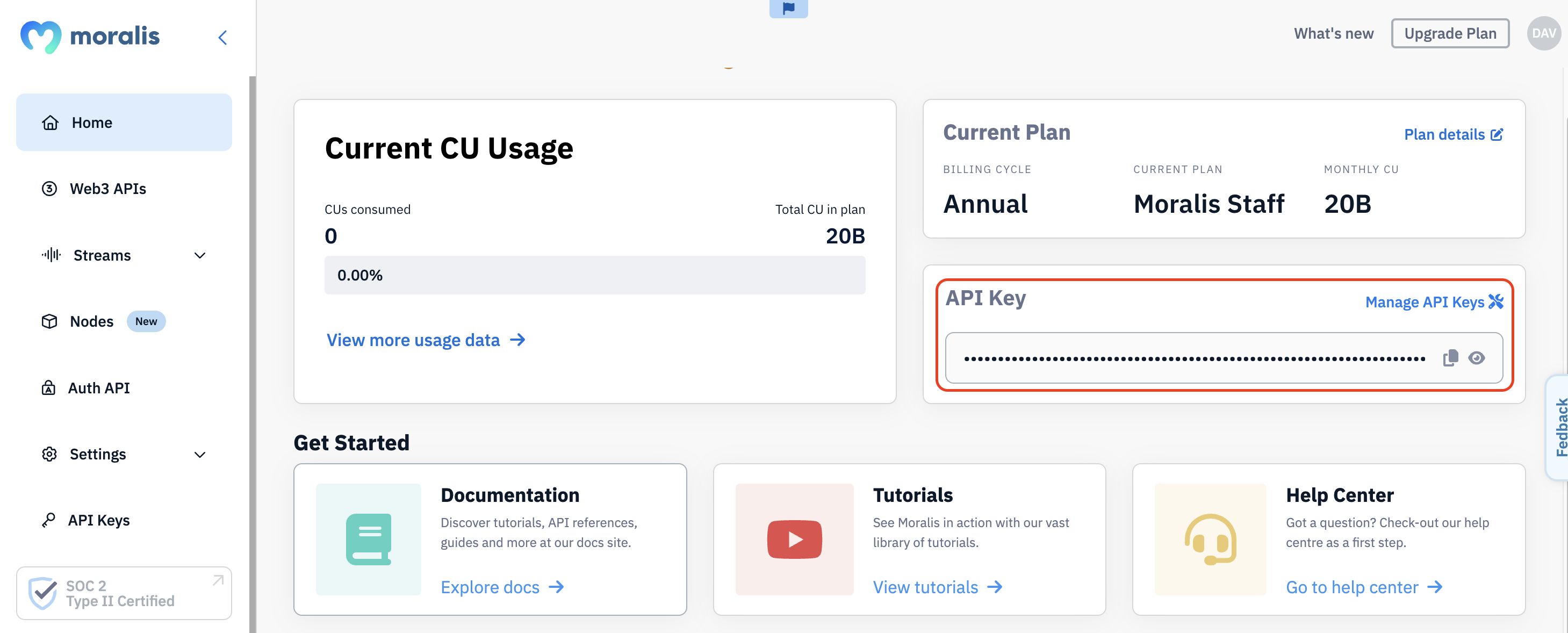 Red box highlighting the API key on Moralis' admin panel.