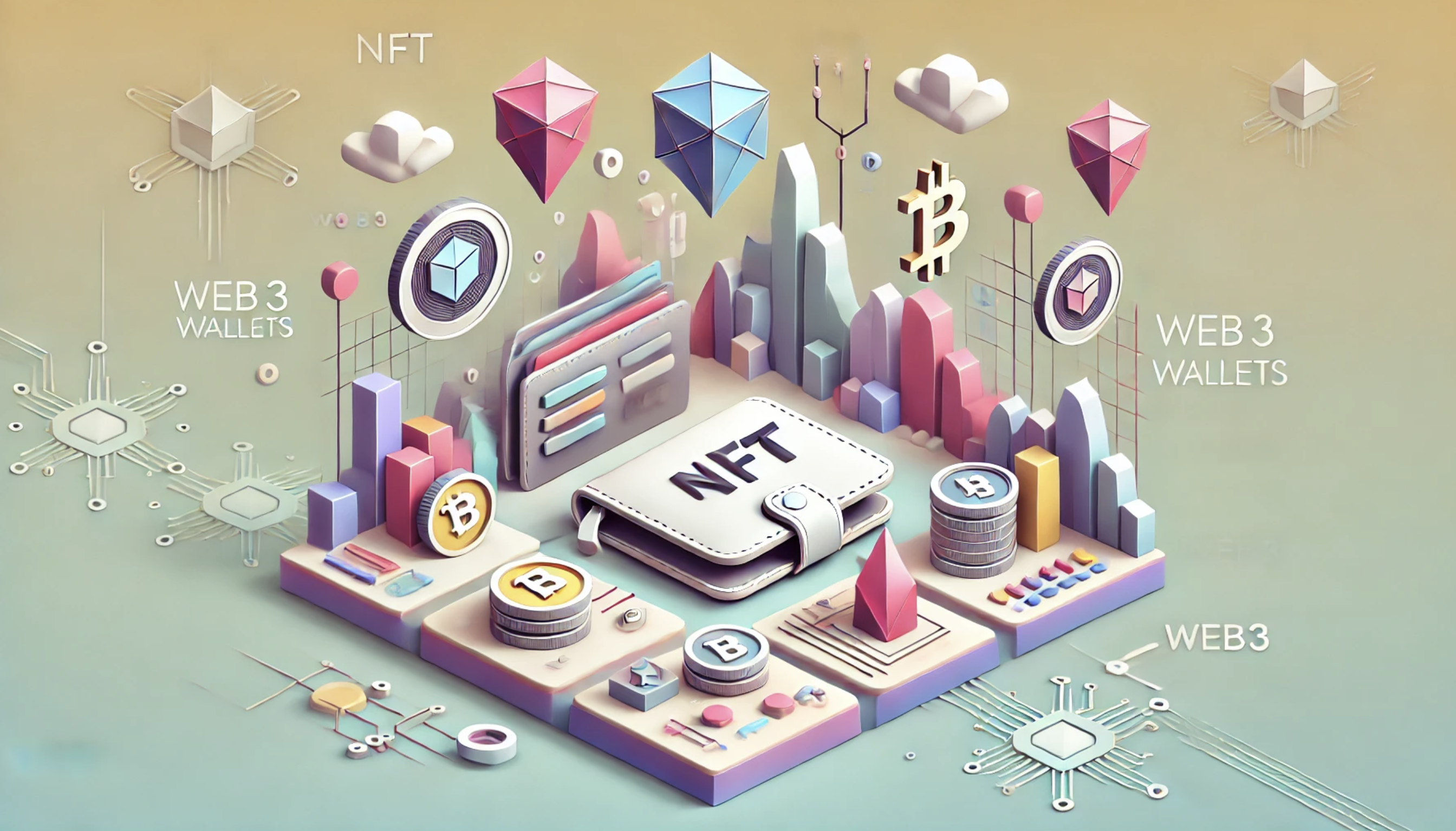 Wallet surrounded by NFT and tokens.