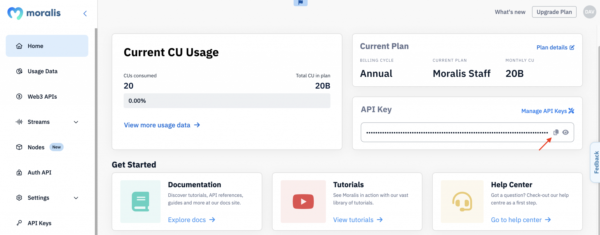 Red arrow pointing at copy button for Moralis API Key.