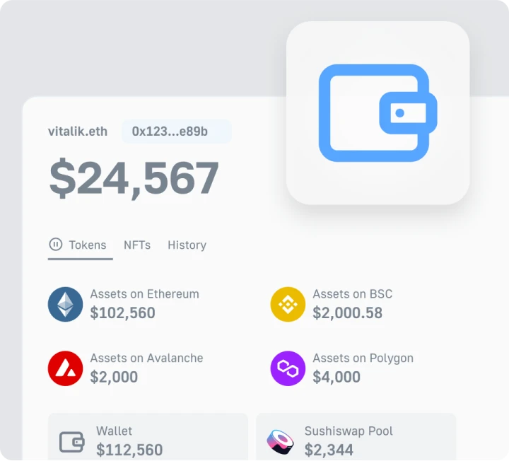 Wallet portfolio UI showing token balances, net worth, and activity insights with Blocklith Wallet API