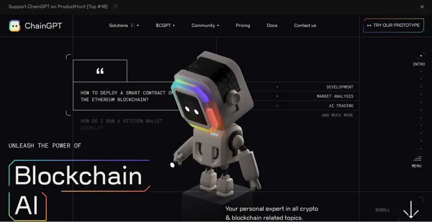 ChainGPT AI assistant promoting blockchain AI capabilities for development, market analysis, and more