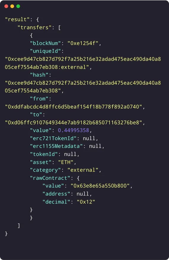 JSON response from the Alchemy alchemy_getAssetTransfers endpoint, showing basic transaction data with limited details, including fields like block number, hash, from address, to address, value, and asset.