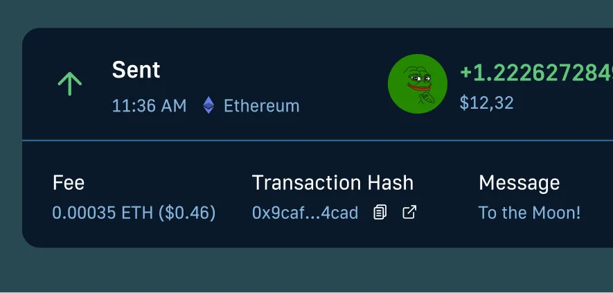 Ethereum wallet sent transaction with fee, hash, and message, used in example for getInternalTransactions API