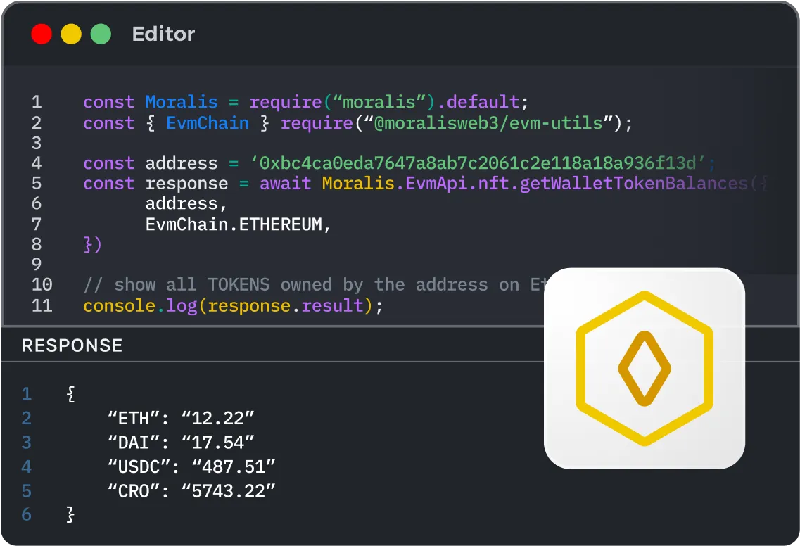 Code snippet demonstrating Moralis Web3 API usage for fetching token balances on Ethereum, with response output showing balances for ETH, DAI, USDC, and CRO tokens, alongside a blockchain icon.