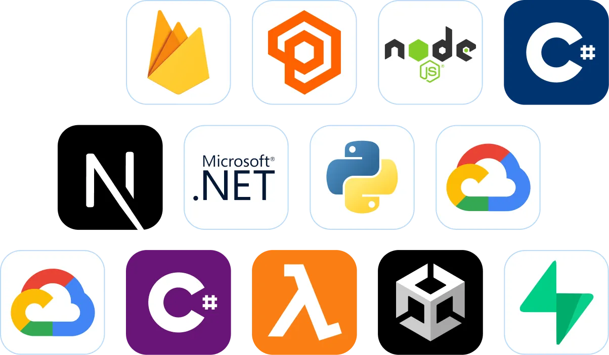 Logos of technologies compatible with Moralis, including Firebase, PlayFab, Node.js, C#, Next.js, .NET, Python, Google Cloud, Unity, and AWS Lambda, showcasing Web3 integrations across multiple tech stacks.