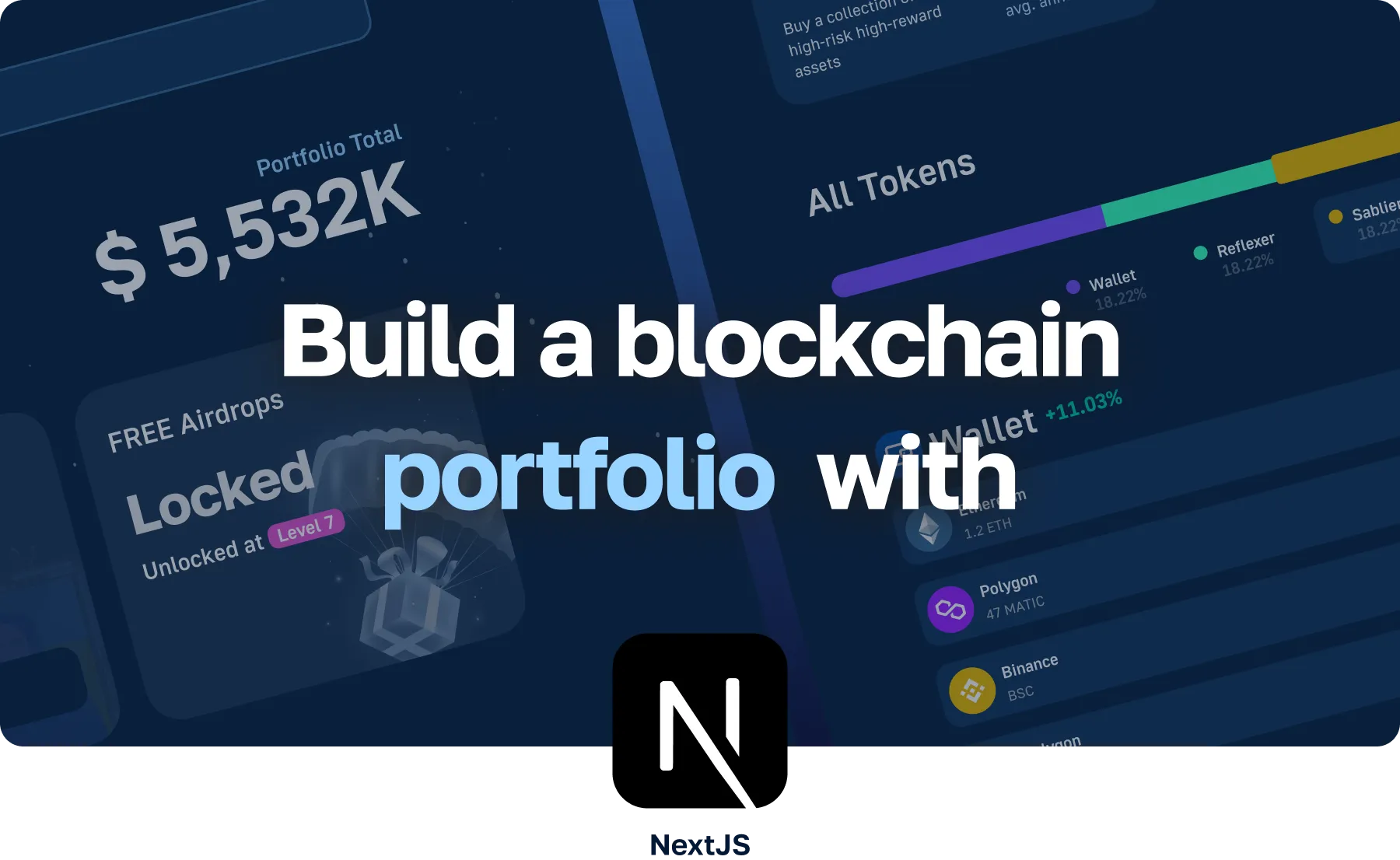 User interface showcasing a blockchain portfolio built with Next.js, displaying portfolio value, token distribution, and airdrop details.