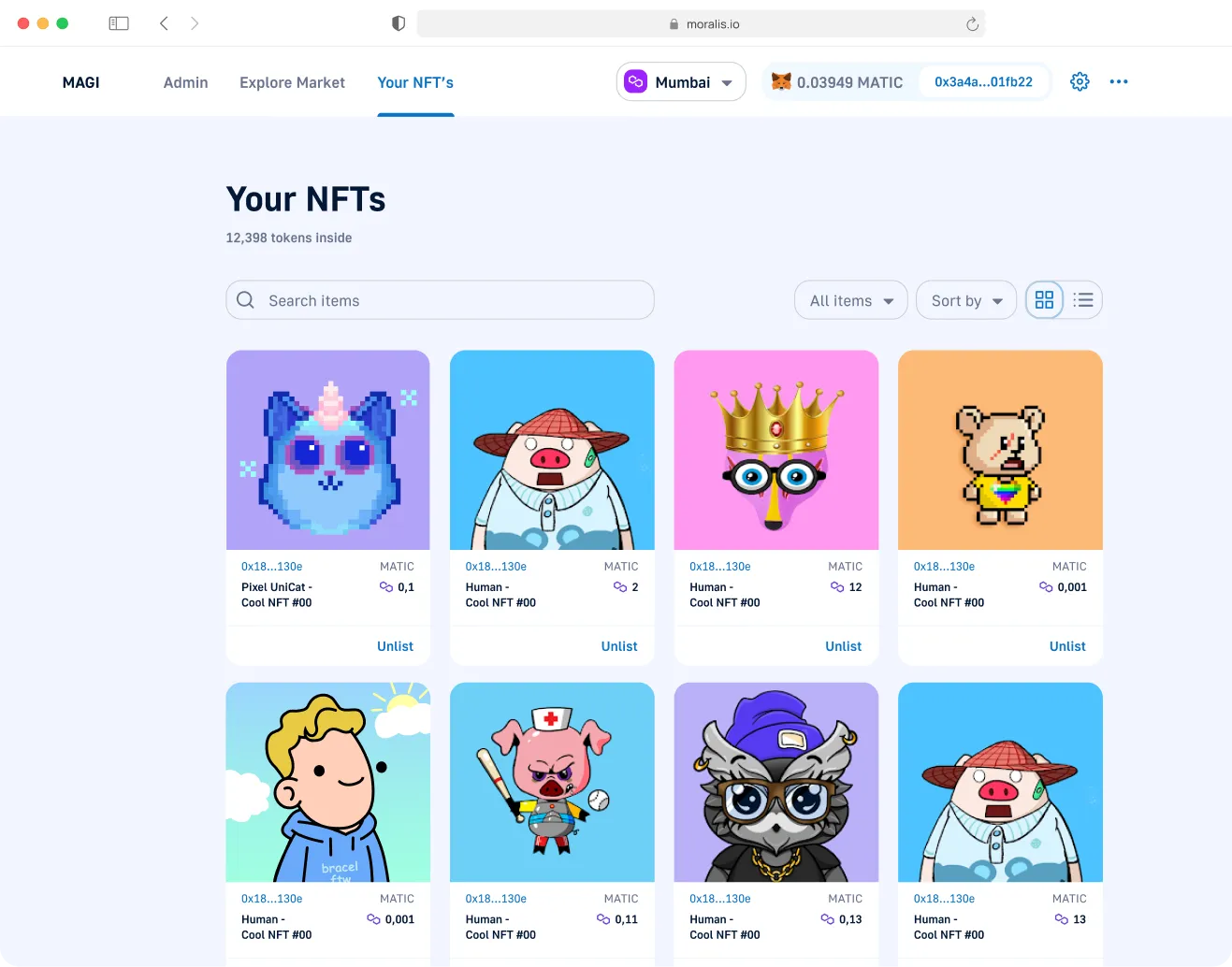 Web3 boilerplate interface displaying a list of NFTs, including details such as token IDs, names, and corresponding blockchain balances.