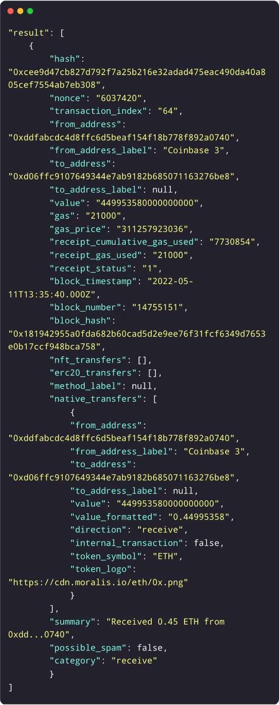 JSON response from Moralis getWalletHistory endpoint showing fully decoded transaction data, including address labels, native transfers, event summaries, and spam indicators.