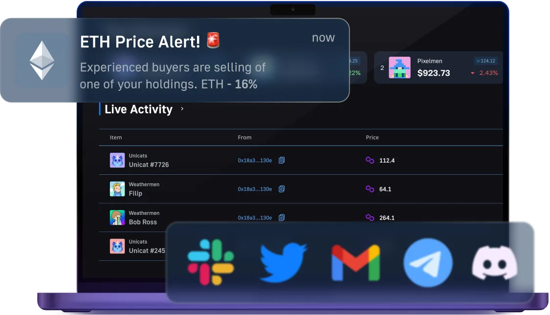Real-time crypto price alert notification on Ethereum and live activity tracker on a portfolio dashboard, showcasing user engagement tools for crypto wallets and portfolio trackers.