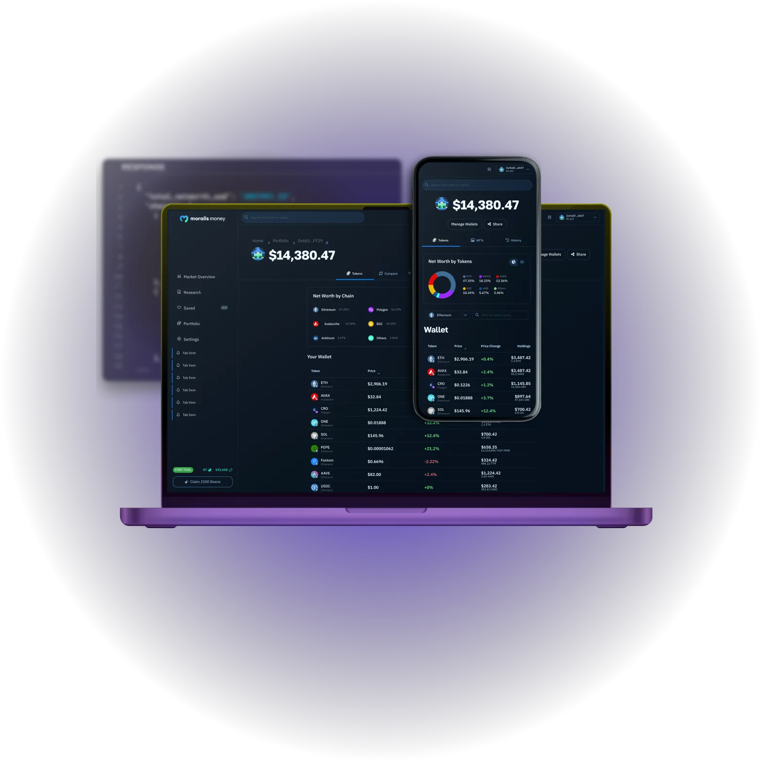 Laptop and mobile screens displaying Moralis wallet and portfolio tracker interface.