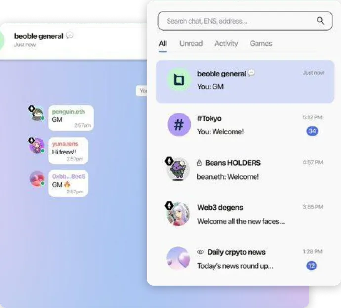 User interface of the Beoble platform showcasing Web3 chat channels, messages, and activity tabs, highlighting seamless blockchain integration.