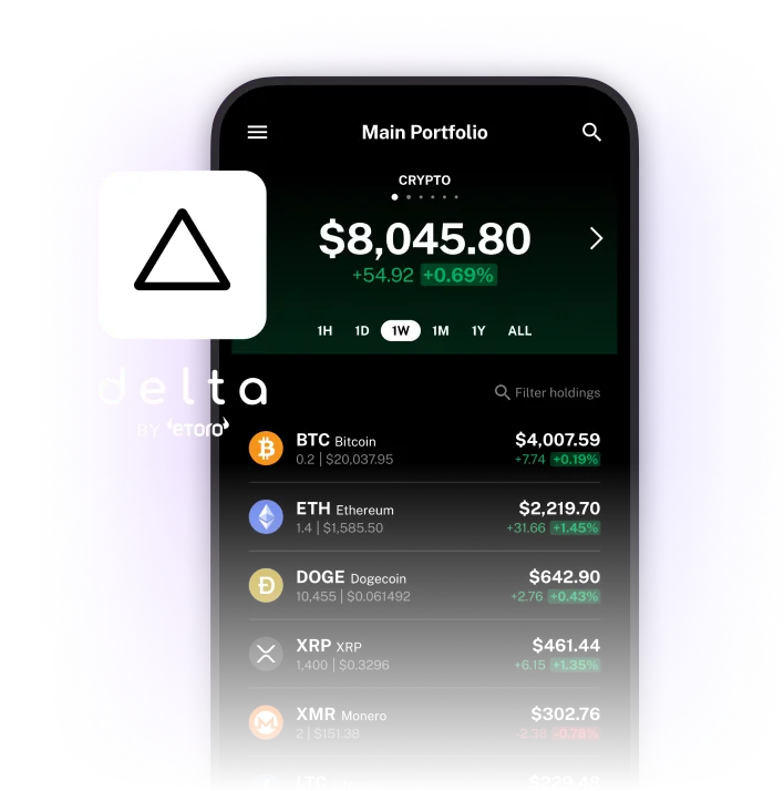 Delta portfolio tracking app interface displaying a user’s main portfolio value of $8,045.80, showing cryptocurrency balances including Bitcoin, Ethereum, and Dogecoin, with the Delta logo and a glowing gradient background.