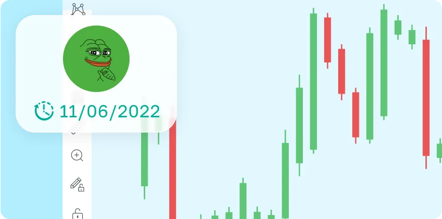 Candlestick chart example displaying token price trends, with a PEPE token icon and date stamp highlighting detailed OHLCV data representation.