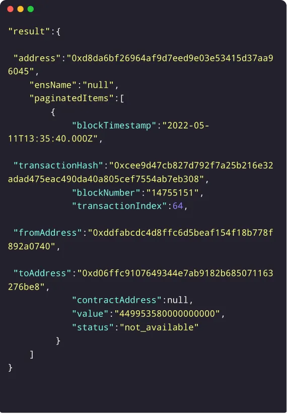 JSON response from the Quicknode qn_getTransactionsByAddress endpoint, showing basic transaction data with fields like block timestamp, transaction hash, block number, from address, to address, and value, but missing detailed metadata and advanced features like spam indicators or event summaries.