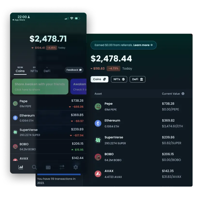 Awaken app interface displaying a user’s crypto portfolio with assets like Pepe, Ethereum, SuperVerse, BOBO, and AVAX, highlighting streamlined crypto data insights enabled by Moralis infrastructure.