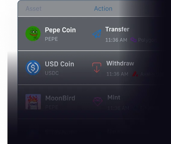 Transaction overview showcasing actions such as a transfer of Pepe Coin on Polygon, a withdrawal of USD Coin on Avalanche, and the minting of a MoonBird NFT, highlighting real-time financial insights and on-chain event monitoring.