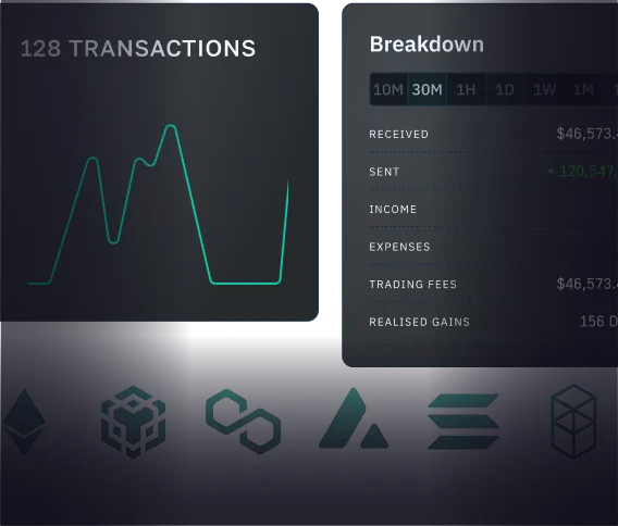 Graph showing 128 transactions alongside a financial breakdown, including received amounts, sent amounts, trading fees, and realized gains, with blockchain icons like Ethereum, BNB Chain, Polygon, and Solana displayed below.