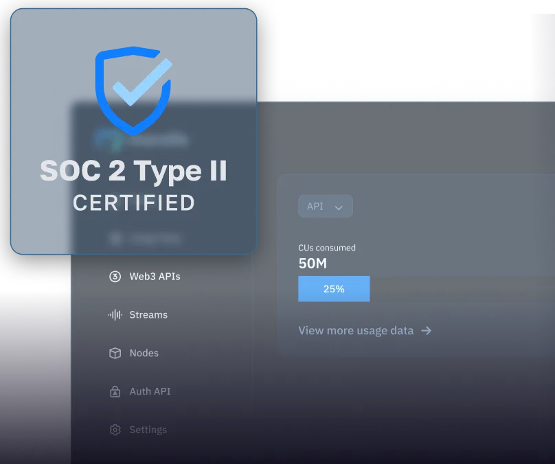SOC 2 Type II Certified badge alongside a dashboard interface showcasing API usage statistics, highlighting Moralis as a secure and reliable Web3 infrastructure provider.