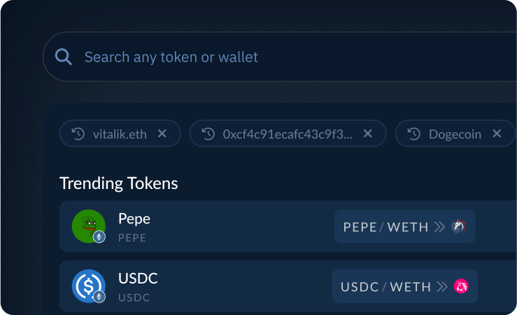 Search any token instantly with real-time cross-chain indexing and complete metadata access. Token Search interface showcasing real-time cross-chain search, complete token data, and real-time indexing using Moralis APIs.