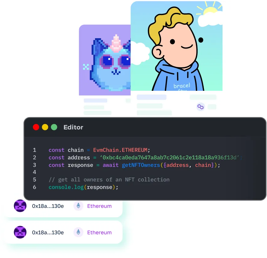 Arbitrum NFT API showing collectible images and code example for querying NFTs