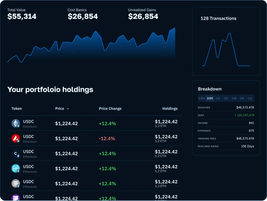 Tax summary screen showing transactions and net worth