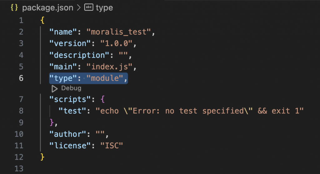 "type": "module" highlighted in editor.