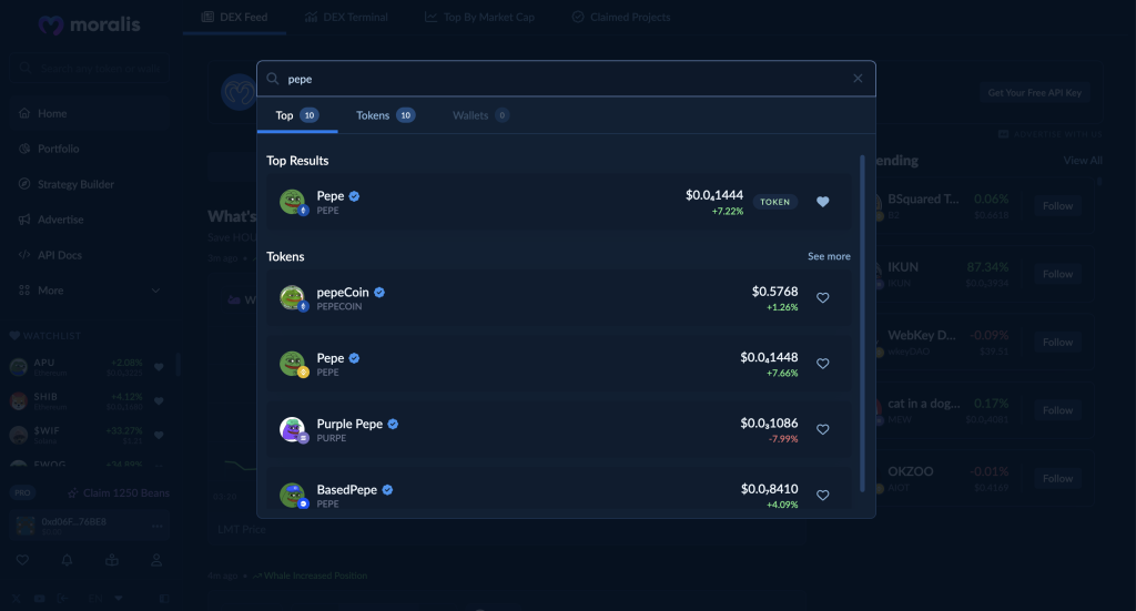 Crypto coin screener search bar example.
