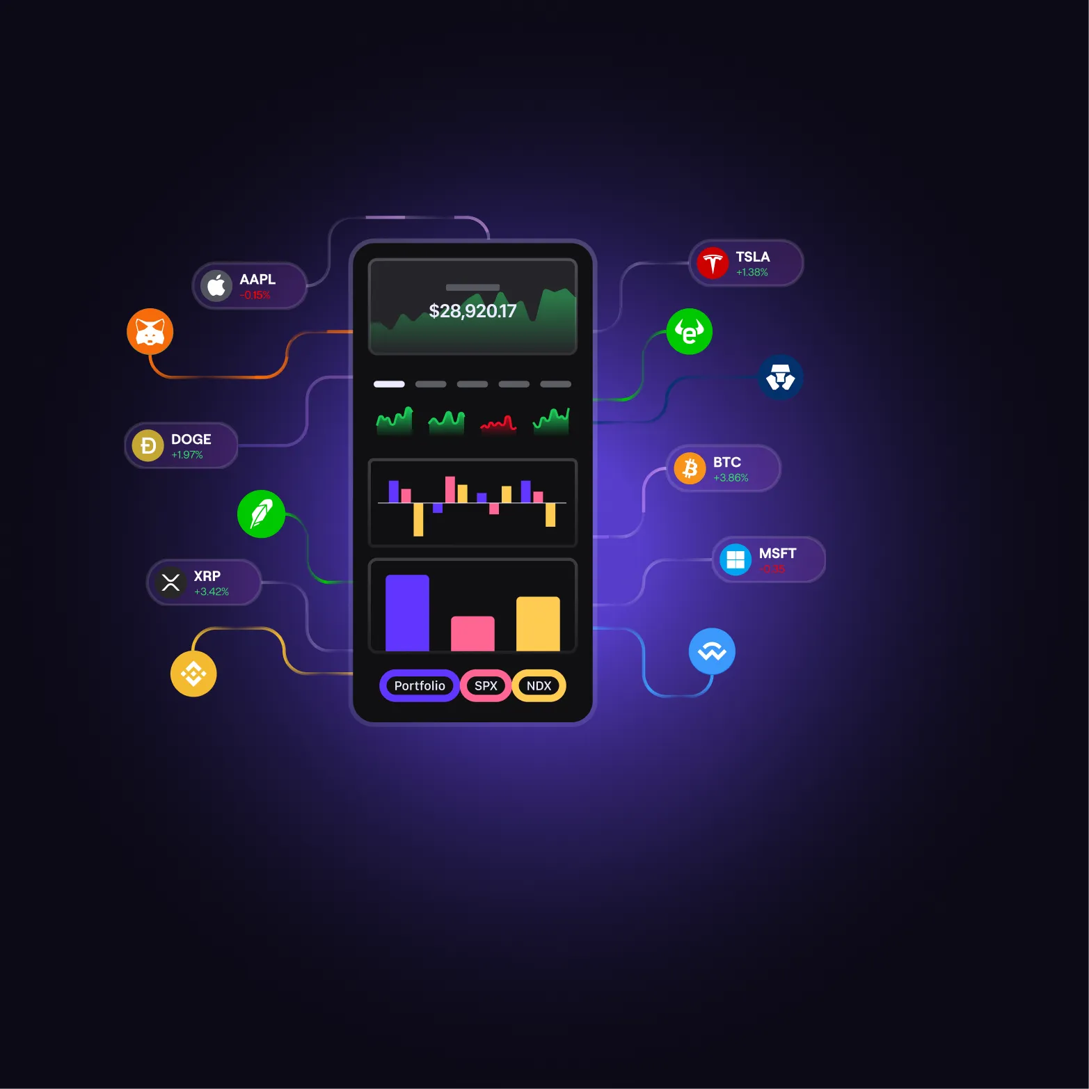 Illustration of a crypto neobank dashboard with real-time stock and crypto data, promoting a free course on building a neobank using Moralis APIs