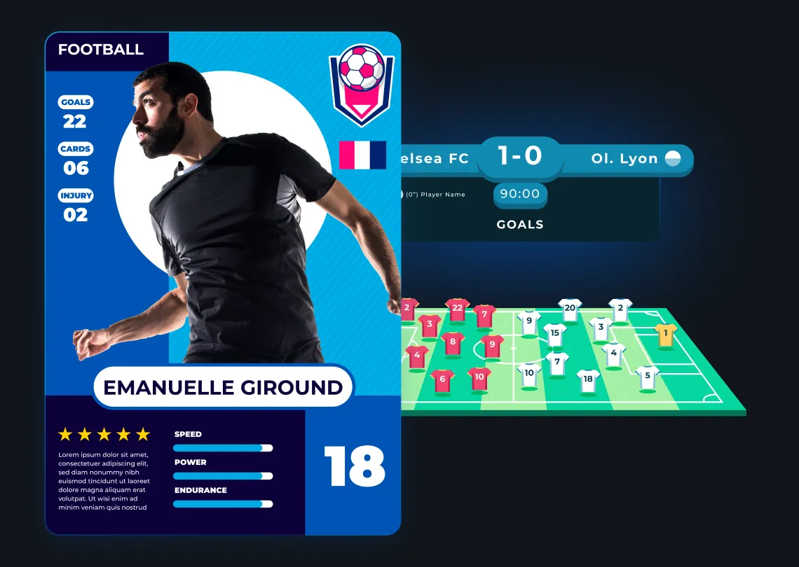 Fantasy sports league interface powered by Chiliz Chain with digital player cards, tokenized stats, and real-time game data