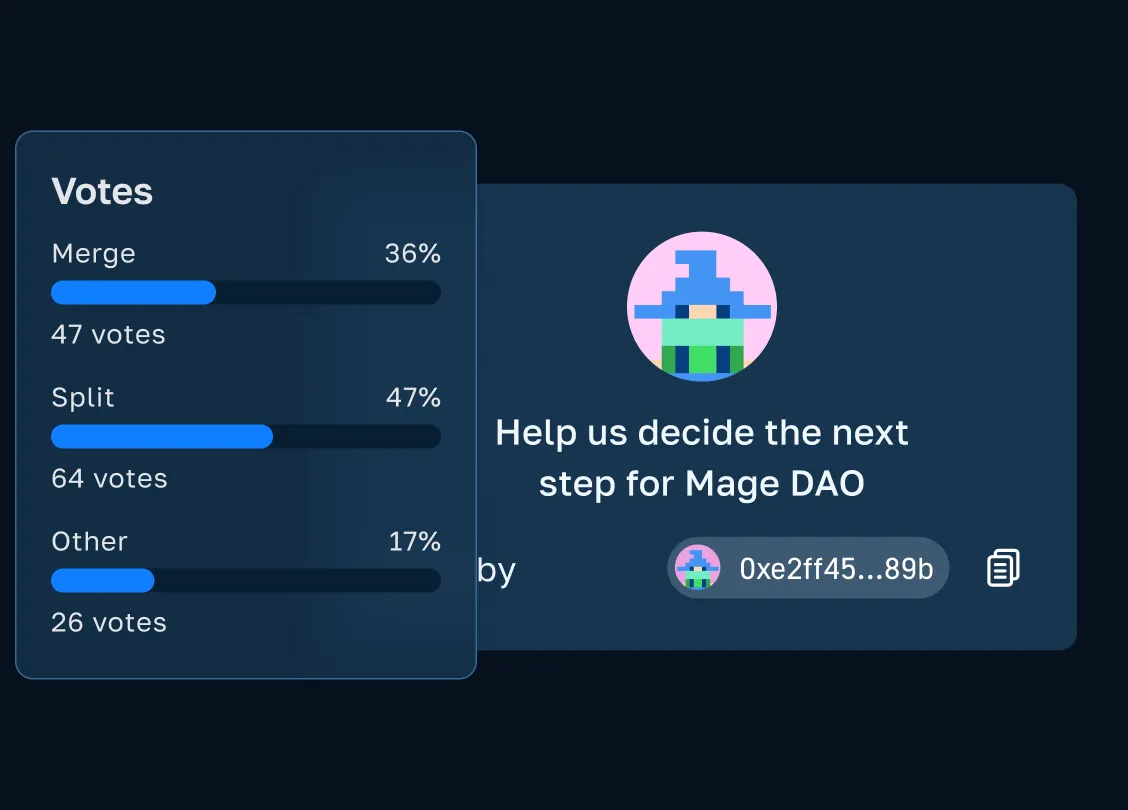 Governance platform interface on Gnosis Chain showing voting options and proposal results for Mage DAO decisions