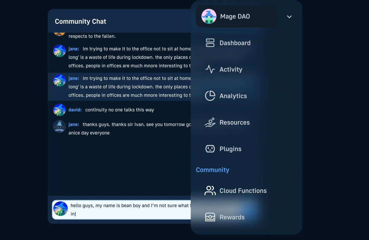 DAO management interface on Gnosis Chain showing Mage DAO community chat, proposals, and activity dashboard