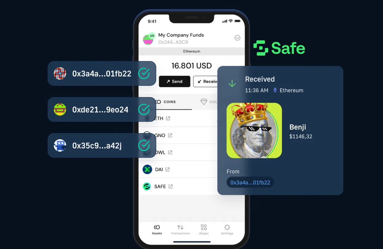 Multi-signature wallet interface on Gnosis Chain showing Safe app with Ethereum transaction activity and sender identity