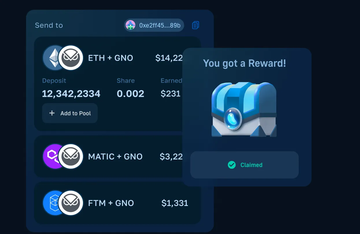 Gnosis Chain staking dashboard displaying ETH, MATIC, and FTM pools with earned rewards and deposit amounts