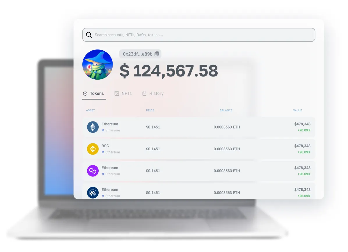Token portfolio tracker dashboard displaying wallet value, token prices, and asset list with Moralis API