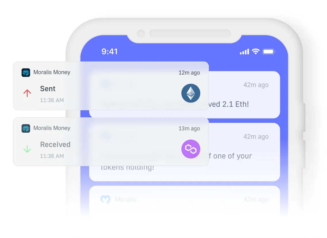 Wallet transaction notifications showing token transfers and balances using Moralis Token API