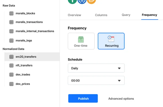 Step 4: Export blockchain data with scheduled or one-time delivery options — start the pipeline with recurring or snapshot exports