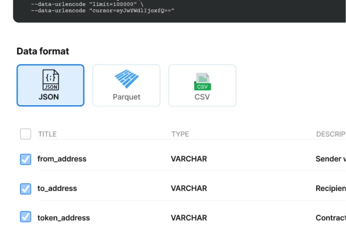 Step 2: Select the export format for blockchain data — JSON, Parquet, or CSV — with a preview of selected fields and types