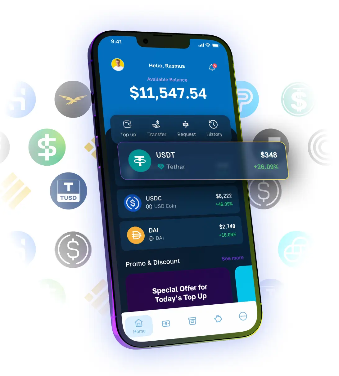 Mobile wallet dashboard showing ERC-20 stablecoin balances for USDT, USDC, and DAI tracked via Moralis API